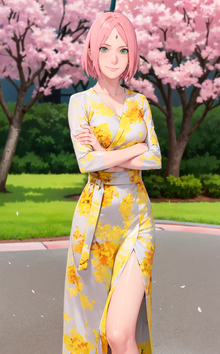 02160-1810266336-masterpiece,absurdres,1girl,haruno sakura,forehead mark,groin,bracelet,looking at viewer,crossed arms,smile,cherry blossoms,wind.png